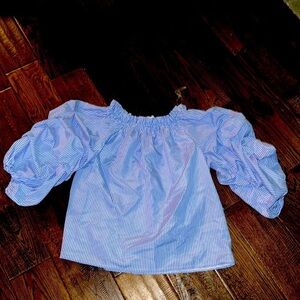 Sadie & Love Blue Striped Off Shoulder Bubble Blouse Top